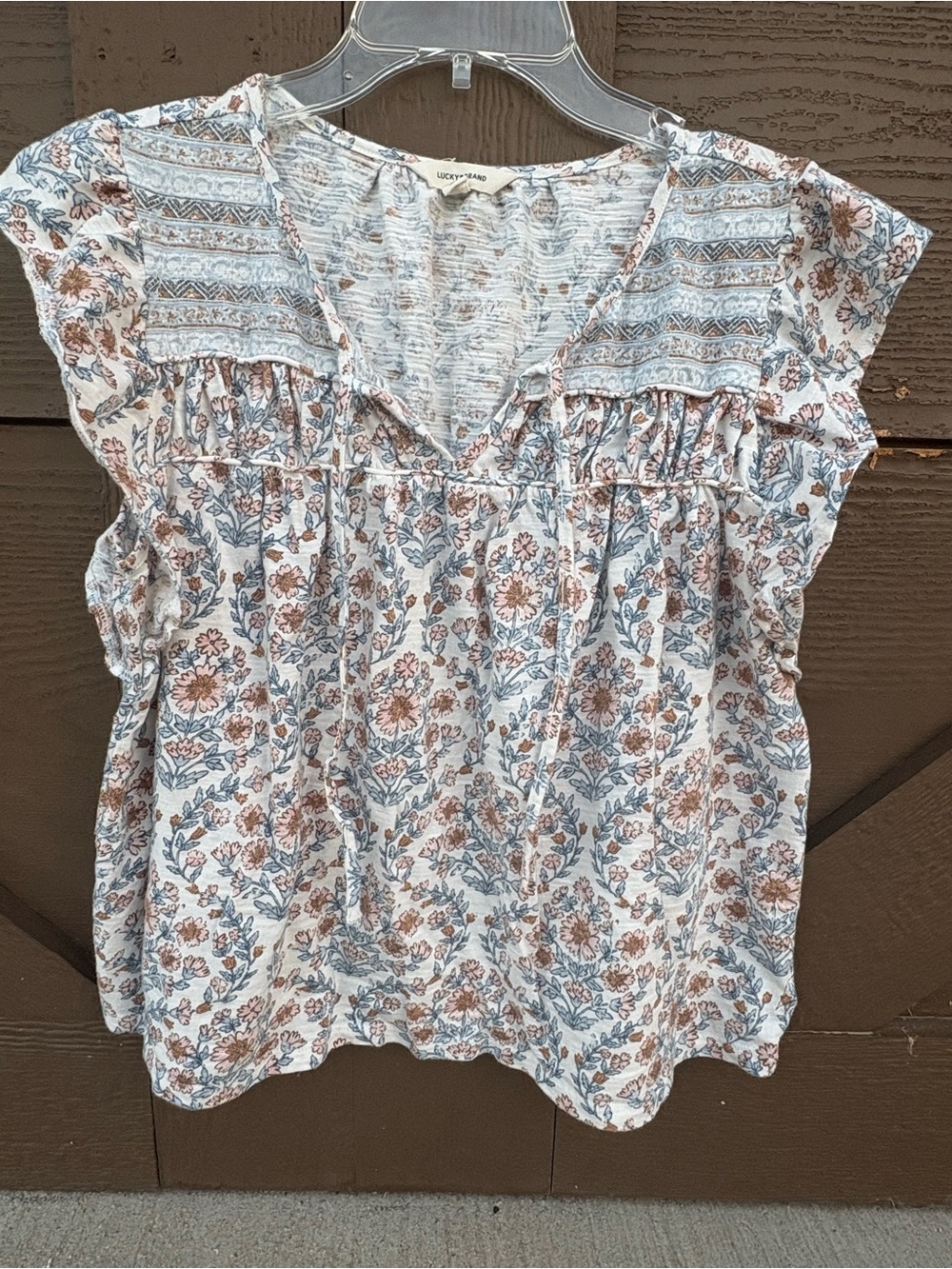 Lucky Brand Floral Ruffle Cap Sleeve Top - Blue & Brown